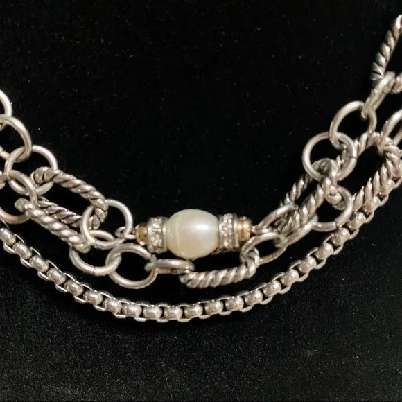 3-strand Silver tone Link chain with Faux Pearls - up to 20” - Picture 2 of 9